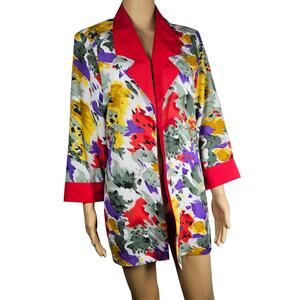 90s Playful Floral Long Blazer Solid Red Collar  Light Weight Open Front Size 12